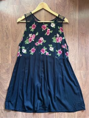 Xhilaration Black Dress with Pink Rose Print Mesh Back Size XL